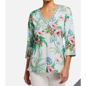 Bella Tu Womens S Tunic 3/4 Sleeve Stetch Cotton Coastal Top Shirt VNeck Beaded